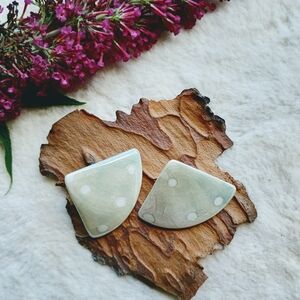 Vintage ceramic stud geometric sage green & white polka dot earrings, MCM style